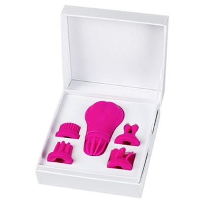 Conjunto de acessórios de silicone cor-de-rosa em caixa branca aberta