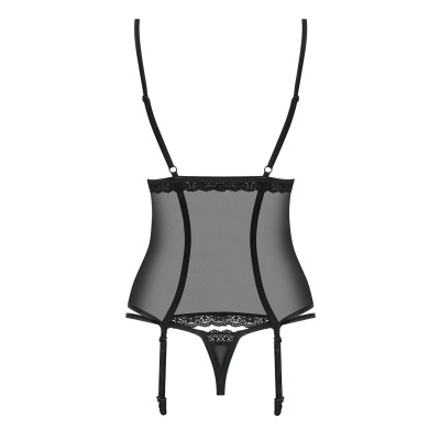 Corset de lingerie feminino preto em tecido transparente com renda e alças reguláveis