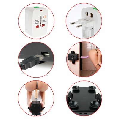 Imagens de adaptador universal, cabo USB e dispositivo preto com ventosas e manga cor de pele em ambiente interno