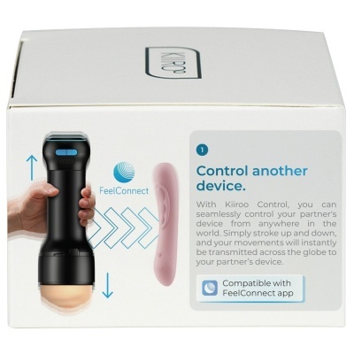 Embalagem de produto Kiiroo com dispositivo preto e objeto rosa para controlo remoto via app FeelConnect