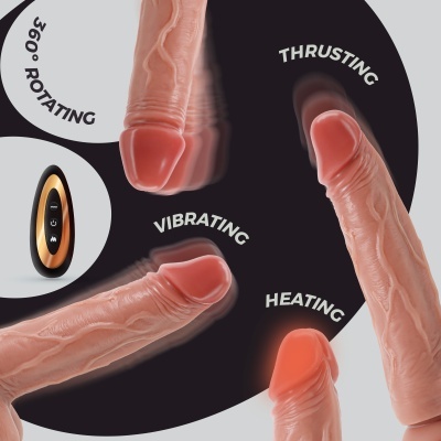 Vibrador realista rosado com movimento rotativo, vibratório, de impulsão e aquecimento, acompanhado de controlo remoto.