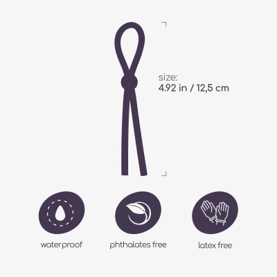 Íman tipo cordão roxo escuro com ícones de impermeabilidade, sem ftalatos e sem látex