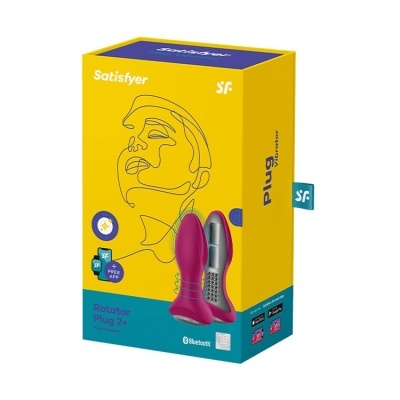 Embalagem do Satisfyer Plug Rotator em amarelo e azul com plugue rosa e detalhe metálico