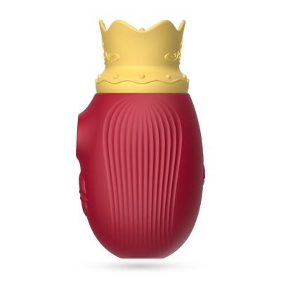 Frasco vermelho com tampa dourada em forma de coroa