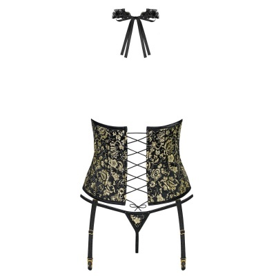 Conjunto de lingerie preto e dourado com padrão floral e ligas.