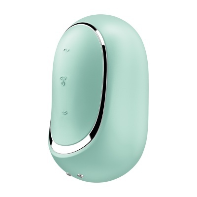 dispositivo portátil verde-menta ovalado com botões tácteis e detalhes cromados