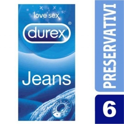 Embalagem azul de preservativos Durex Jeans com detalhes de tecido jeans e texto relevante