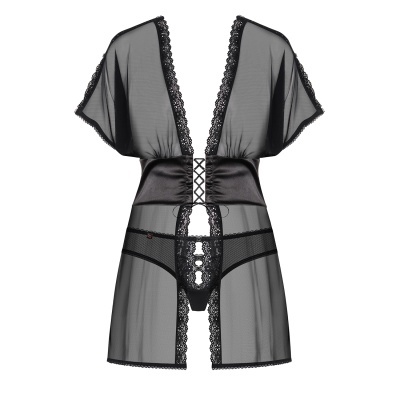 Conjunto de lingerie preto com robe transparente e detalhes em renda