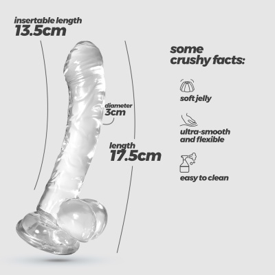 Dildo transparente com base circular e texto informativo ao lado