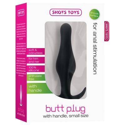 Embalagem branca com butt plug preto de silicone pequeno com pega