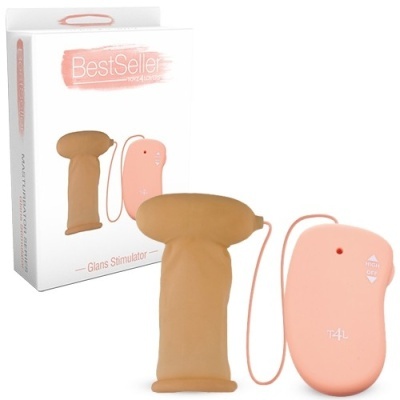 Dispositivo ergonómico em silicone castanho com controlador rosa e embalagem branca com texto BESTSeller.