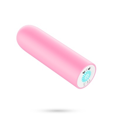 Power bank portátil cilíndrico cor-de-rosa com extremidade branca e símbolos