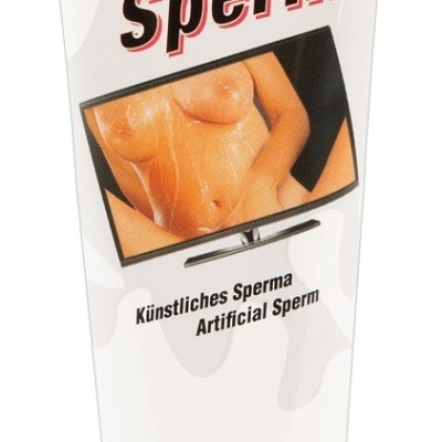 Frasco branco de gel com rótulo 'Porn Sperm' e imagem de mulher nua no ecrã