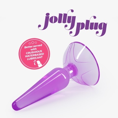 Plug anal roxo transparente com texto e selo promocional