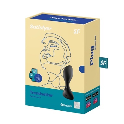 Caixa do produto Plug Vibrator Trendsetter da Satisfyer em creme e azul com ilustração abstrata de rosto