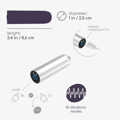 Dispositivo cilíndrico prateado com detalhes d efuncionamento e especificações técnicas