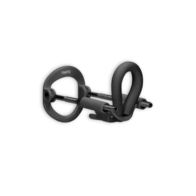 Dispositivo preto com anéis circulares e parafusos, com texto PUMPED