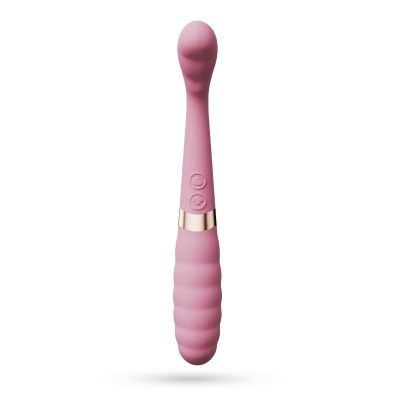 Vibrador rosa com botões e detalhe metálico dourado