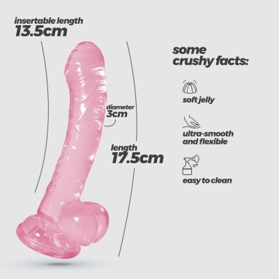 Dildo rosa translúcido com medidas e características destacadas