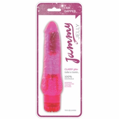 Vibrador rosado translúcido com embalagem branca e rosa com texto. 