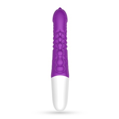 Vibrador roxo com base branca e textura de bolhas