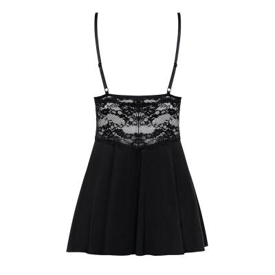 Vestido curto preto com corpete de renda e alças finas ajustáveis