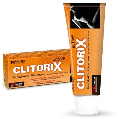 Creme genital ativo CLITORIX em embalagem laranja com texto branco e preto.