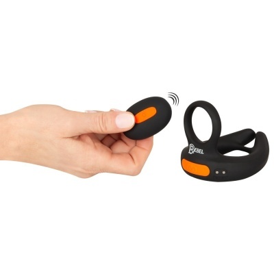 Dispositivos em silicone preto com detalhes laranja e controlo remoto