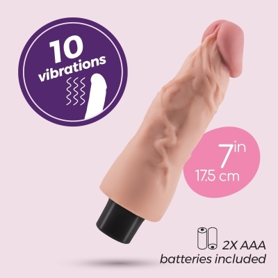 Vibrador realista bege com base preta e 10 tipos de vibração, mede 7 polegadas, inclui 2 pilhas AAA