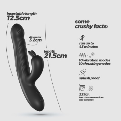 Vibrador preto com medidas e descrições de funcionalidades em fundo cinza claro