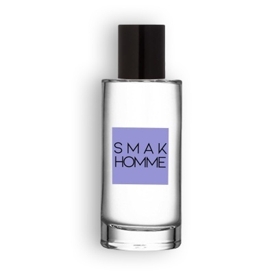 Frasco transparente de perfume SMAK HOMME com tampa preta e etiqueta roxa.
