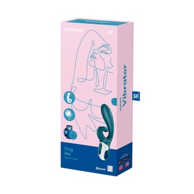 Caixa rosa e azul com vibrador azul-escuro e branco da marca Satisfyer Hug Me