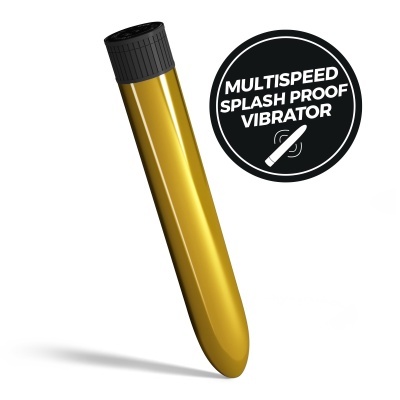 Vibrador dourado cilíndrico com base preta e selo informativo preto e branco