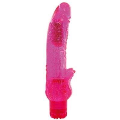 Vibrador cor-de-rosa translúcido com textura e base vermelha