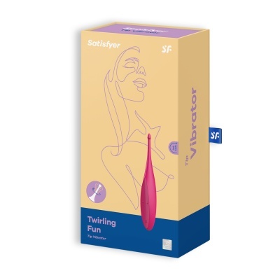 Embalagem bege e azul com vibrador rosa e desenho de mulher em linha contínua