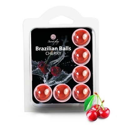 Embalagem com bolas vermelhas Brazilian Balls Cherry com imagem de cerejas