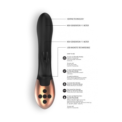 Vibrador preto com base cobre e seis botões pretos com texto em inglês ao lado