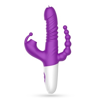 Vibrador roxo com várias extremidades texturizadas e base branca com comandos