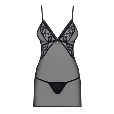 Camisola preta em tecido transparente com detalhes em renda e laço central, acompanhada por tanga preta.