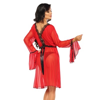 Robe feminino vermelho transparente com detalhes em renda preta