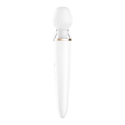 Vibrador massageador branco com ponta arredondada em silicone e detalhe dourado.