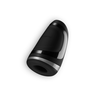 Dispositivo preto com detalhes cinza e abertura circular