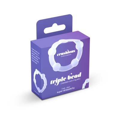 Embalagem roxa com anel transparente de três esferas e texto branco