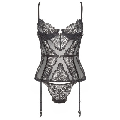 Conjunto de lingerie feminino preto em renda com soutien, cinta-liga e tanga