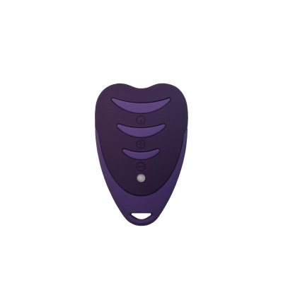 Comando remoto roxo triangular com botões e indicador luminoso