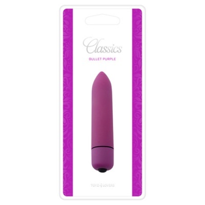 Vibrador compacto roxo em embalagem blister com texto Classics BULLET PURPLE