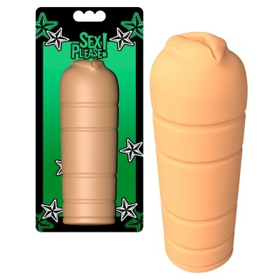 Produto sexual masculino em embalagem verde e preta com texto SEX! PLEASE!