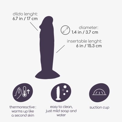 ilustração de dildo roxo com medidas e características