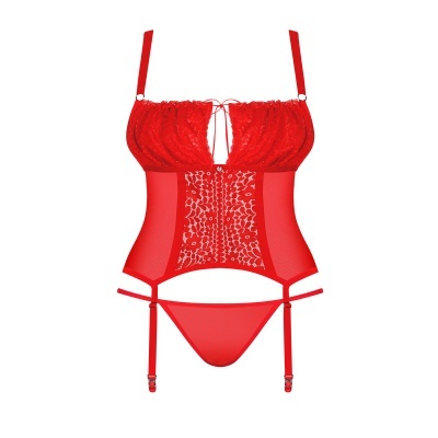 Conjunto lingerie vermelho rendado com corpete e tanga