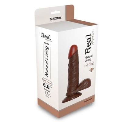 Embalagem de dildo realista castanho com texto Real Natural Living Medium